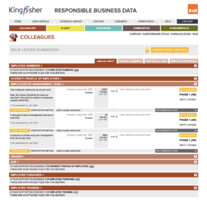 Kingfisher Sustainability Reporting tool sample questionnaire page
