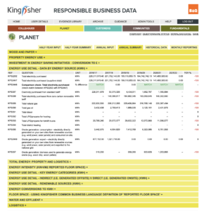 Kingfisher Sustainability Reporting tool sample summary page