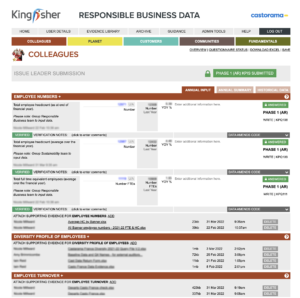 Kingfisher Sustainability Reporting tool input example with array of questions, functions to aid the contributor to input data